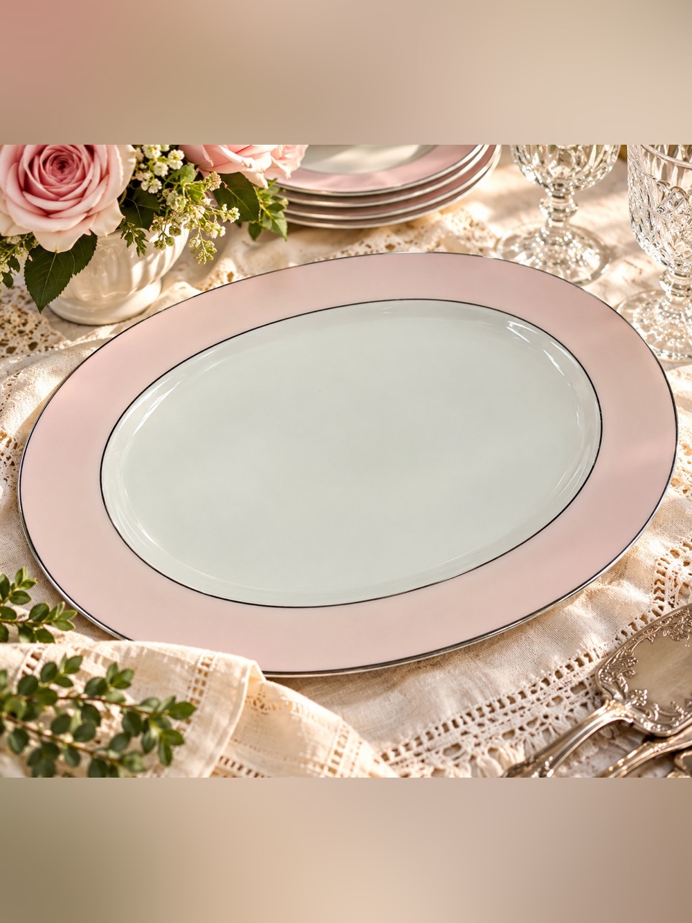 Vintage Colonial Fine China 15” Pink Oval Serving Platter Platinum Trim